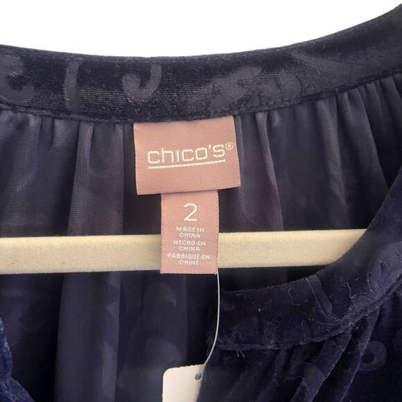New Chico’s Midnight Blue Burnout Velvet Floral Top Blouse Women’s 2 Large 12 - Picture 2 of 5